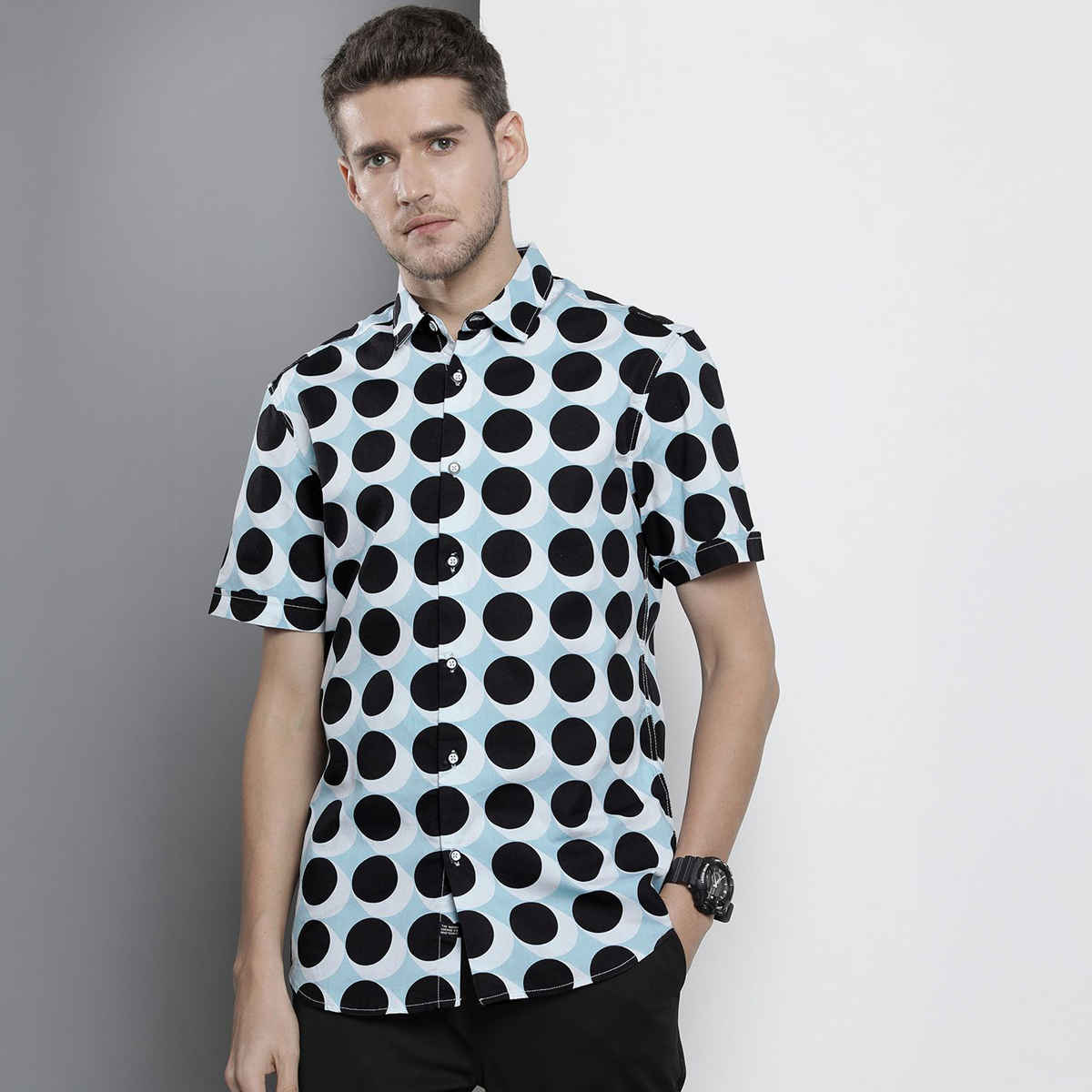The Indian Garage Co Men's Regular Fit Geometric Print Casual Half Sleeve Shirt | Blue - L
