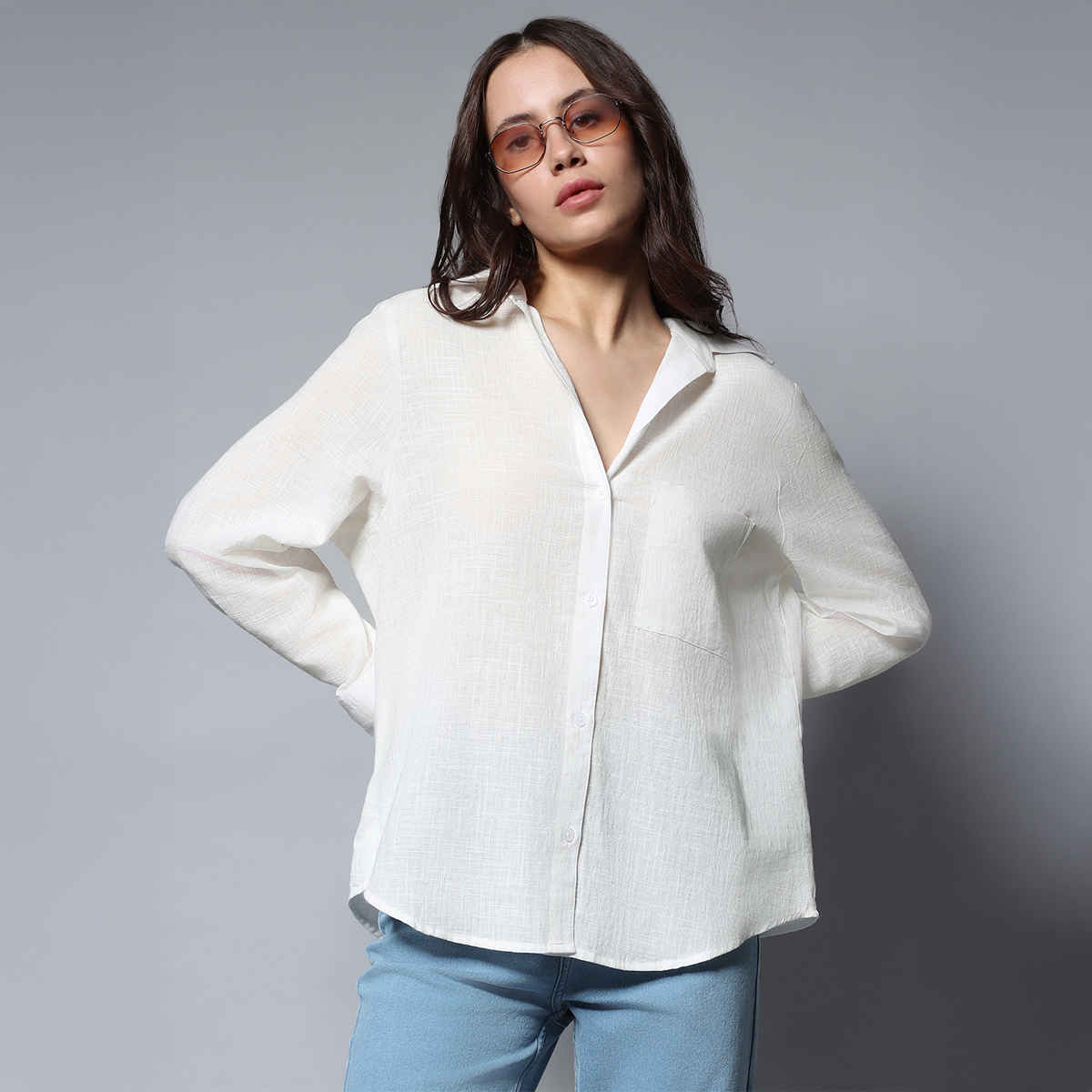 High Star Women's Solid Long Sleeves Oversized Casual Shirt | White - M