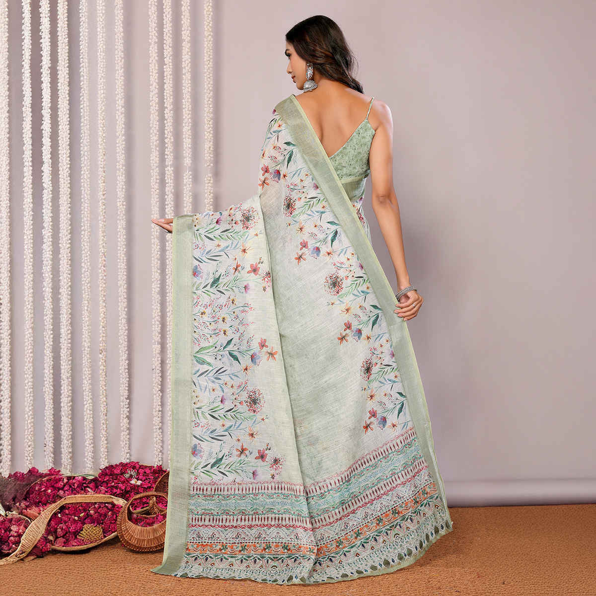 Janasya Women's Cotton Linen Floral Printed Saree with Blouse Piece | SAR447 | Light Green