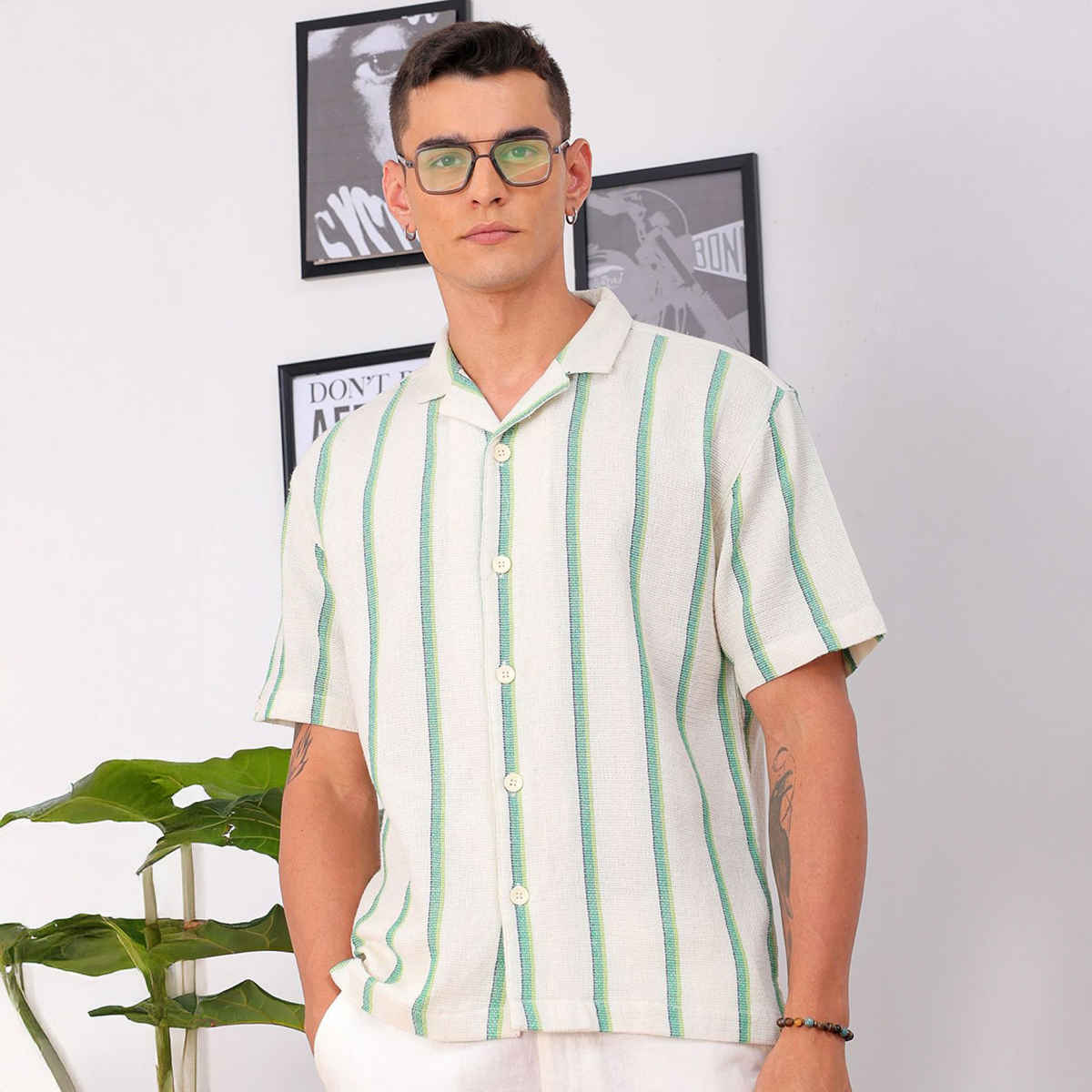 The Indian Garage Co Men's Relaxed Fit Striped Casual Shirt | Cream | M