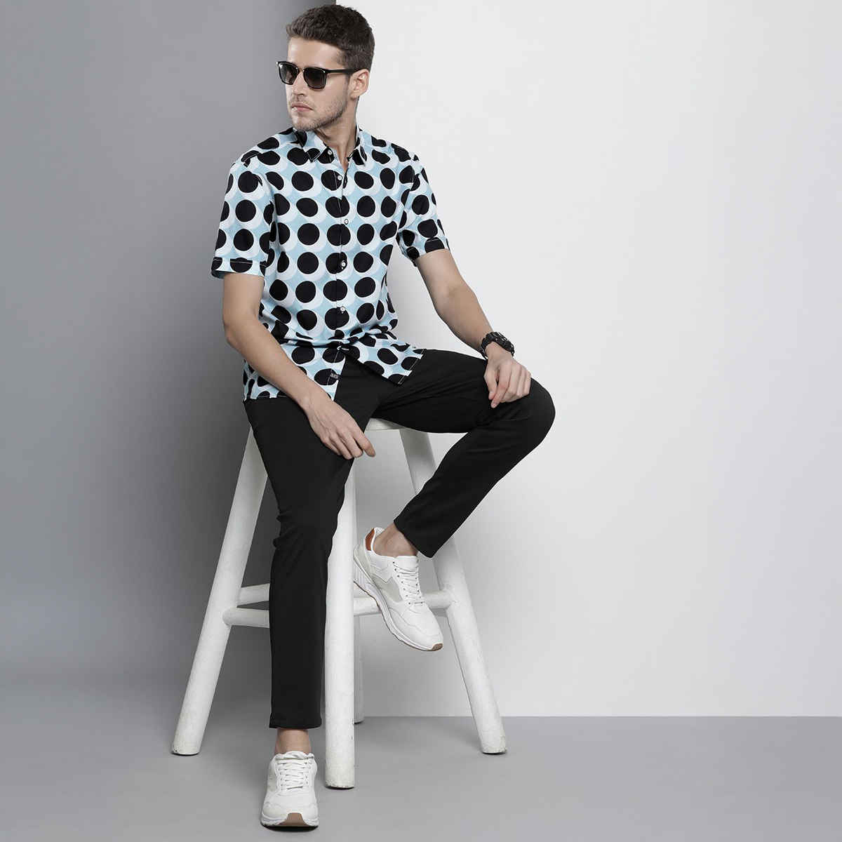 The Indian Garage Co Men's Regular Fit Geometric Print Casual Half Sleeve Shirt | Blue - L