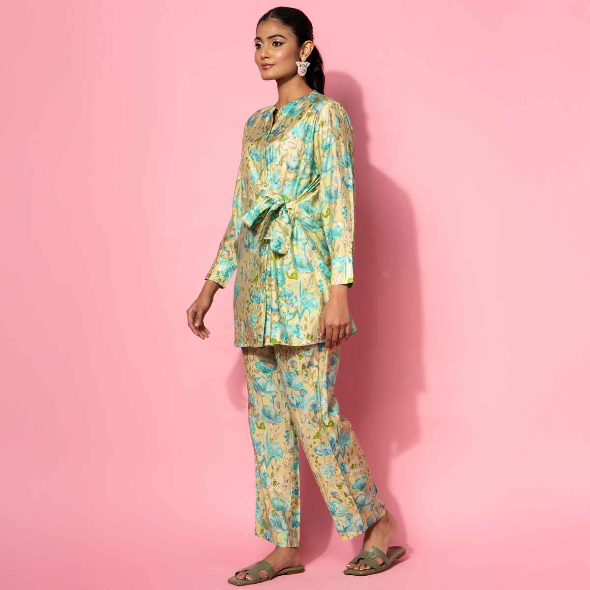 Libas Women's Printed Silk Blend Co-Ords | Green - L