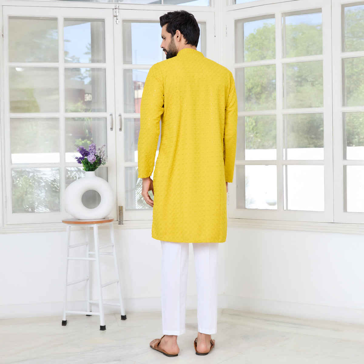See Designs Men's Embroidered Thread Work Sequinned Rayon Straight Kurta | Yellow - S