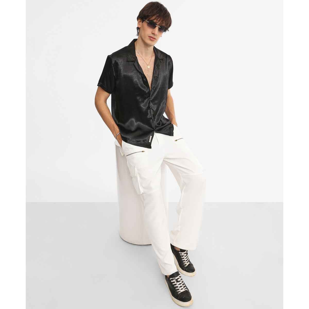 Campus Sutra Men's Midnight Black Solid Satin Shirt | Black - M