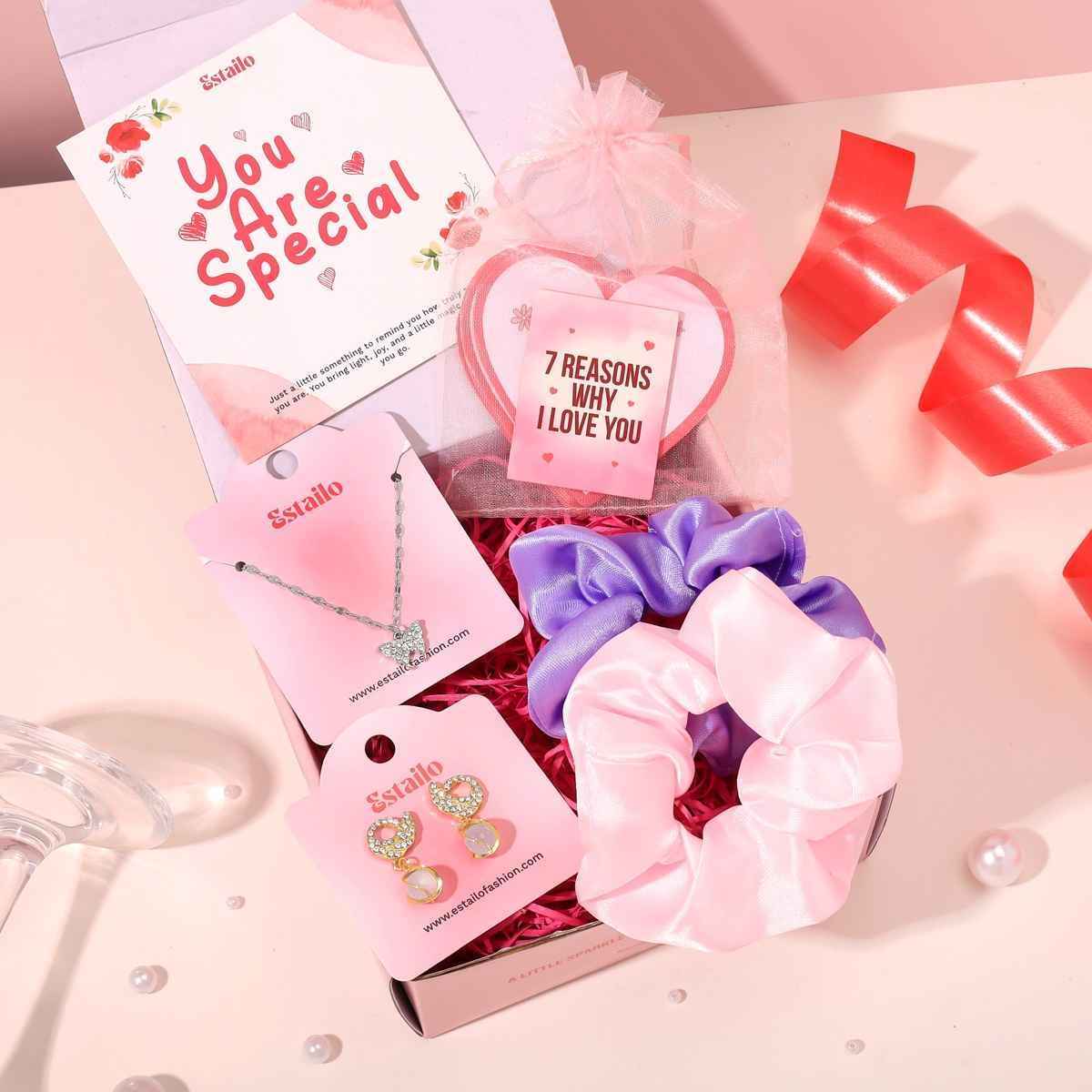 Estailo Fashion Scrunchies, Necklace & Earrings Gift Combo | Mother's Day