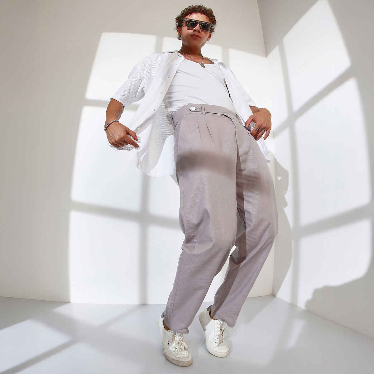 Campus Sutra Men's Tailored Linen-Blend Trousers | Grey - 36