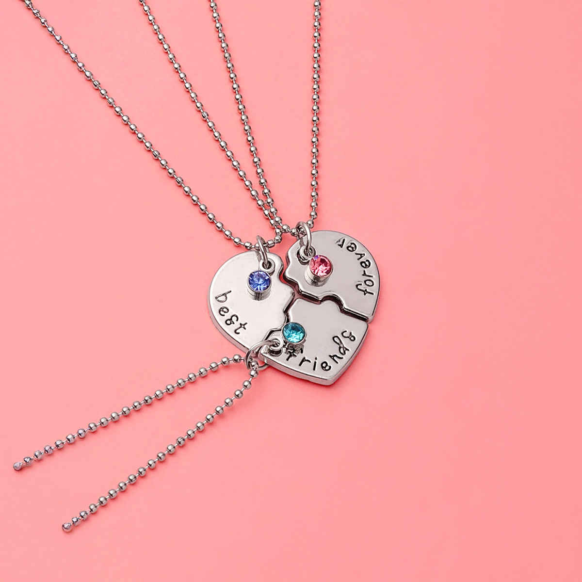 Yellow Chimes Set Of 3 Silver-Toned Rhodium-Plated Best Friends Forever Pendants Chain