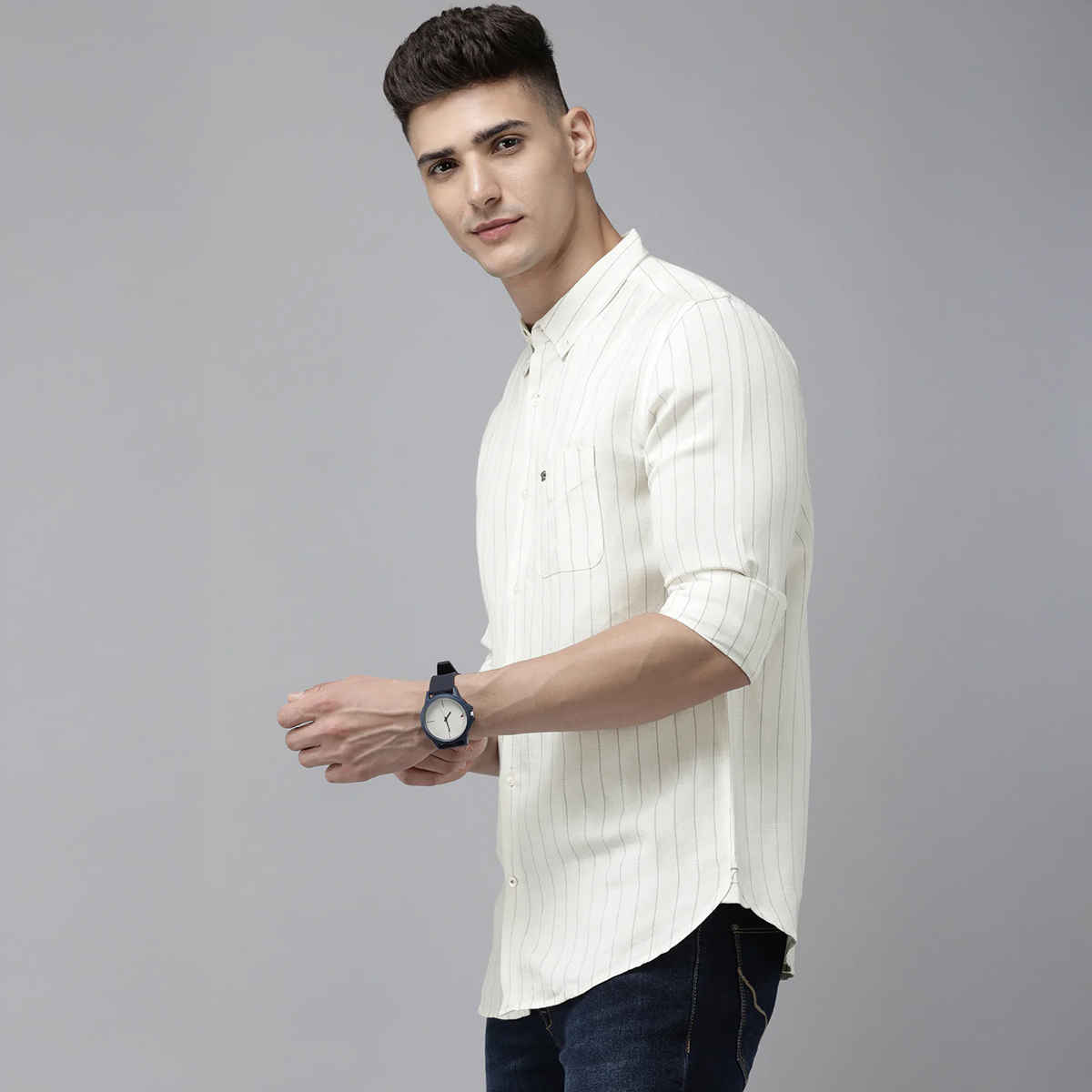 The Bear House Men Slim Fit Striped Cotton Linen Casual Shirt - Wydal | White | L