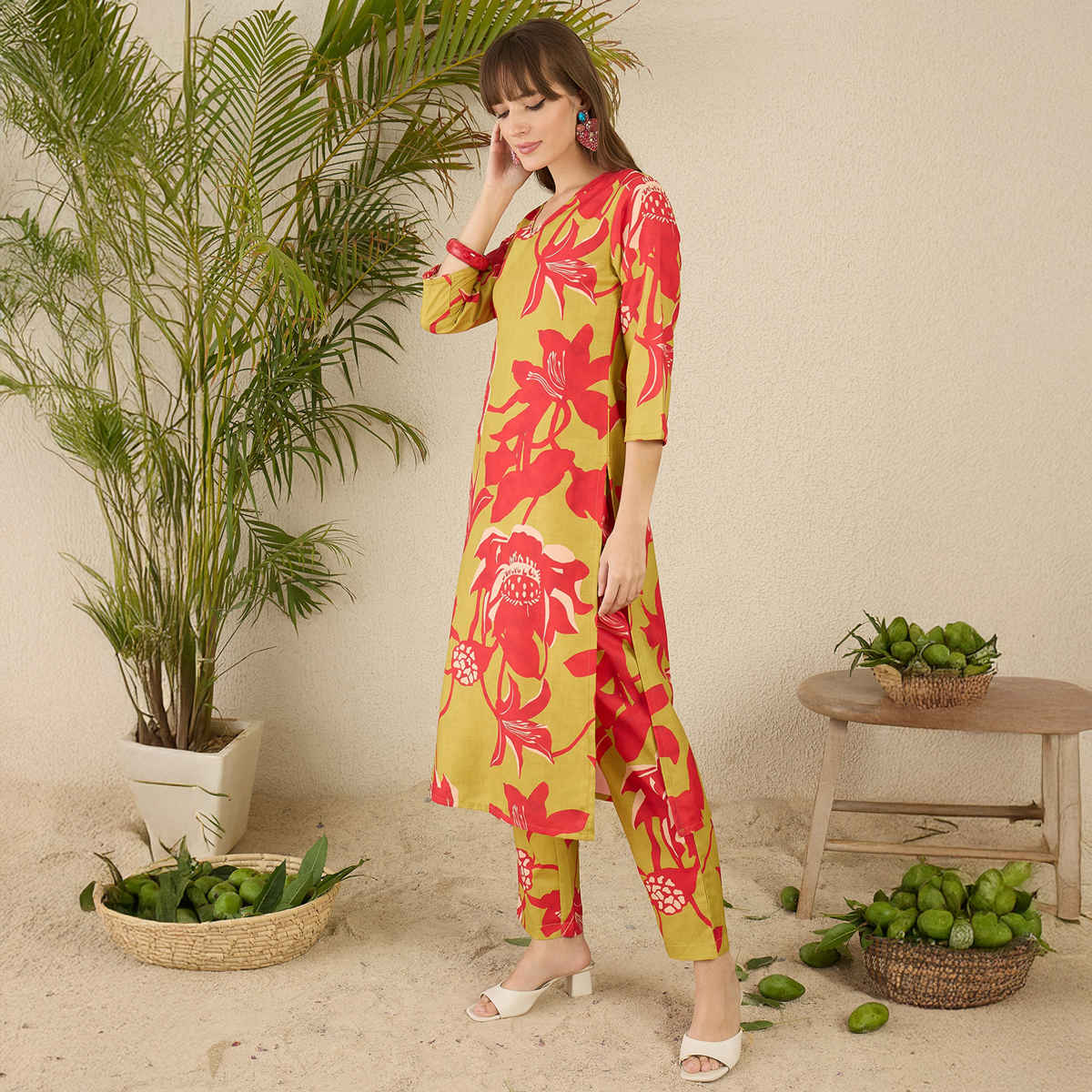 INDO ERA Women's Printed Straight Kurta Pant Set | KS9GN10420 | Green - XL