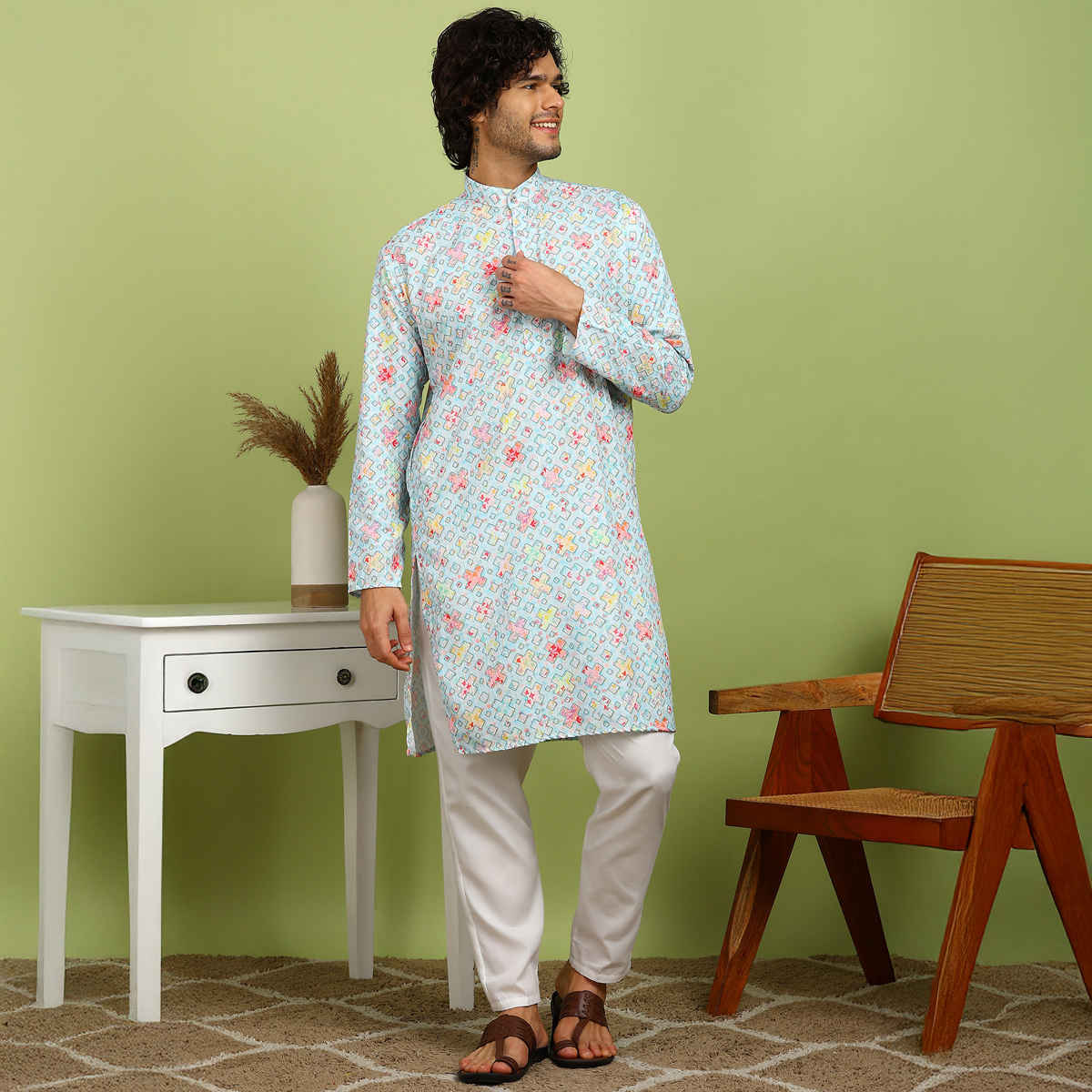 Allan Peter Men's Printed Long Kurta | Orange - XL
