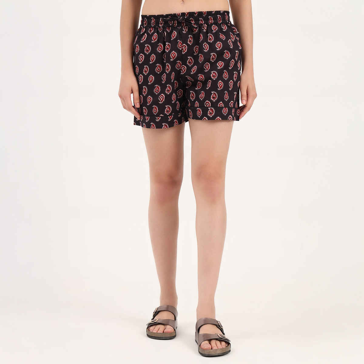 Divena Black Ethnic Motif Print Cotton Shorts for Women | DK0253 - L