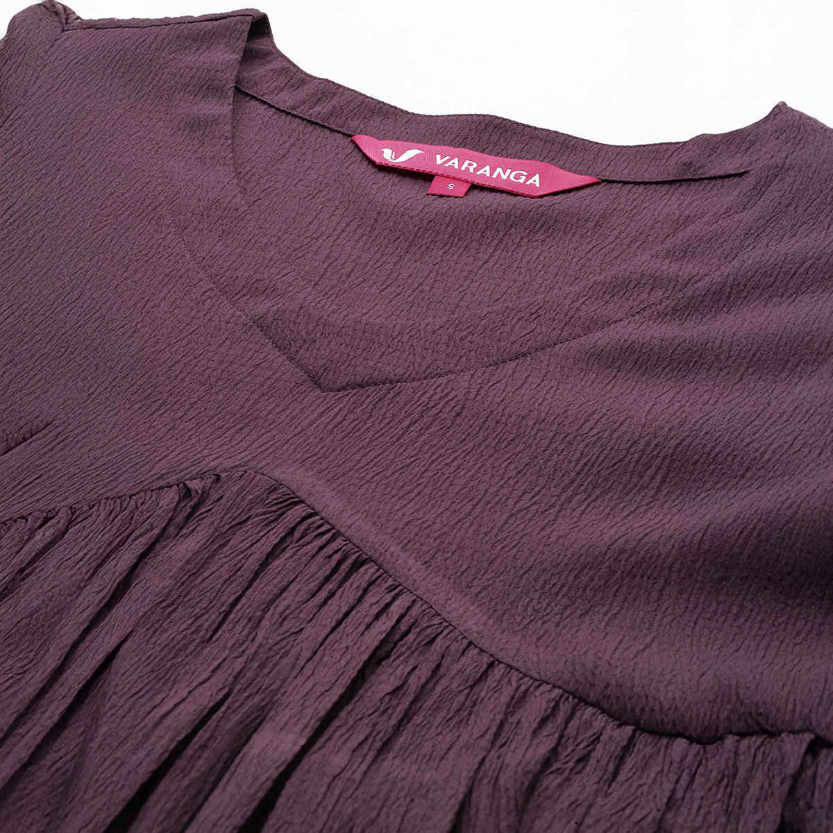Varanga WoMen's V-Neck Bishop Sleeves Gathered Calf Length A-Line Dress with Flared Hem | Mauve - M
