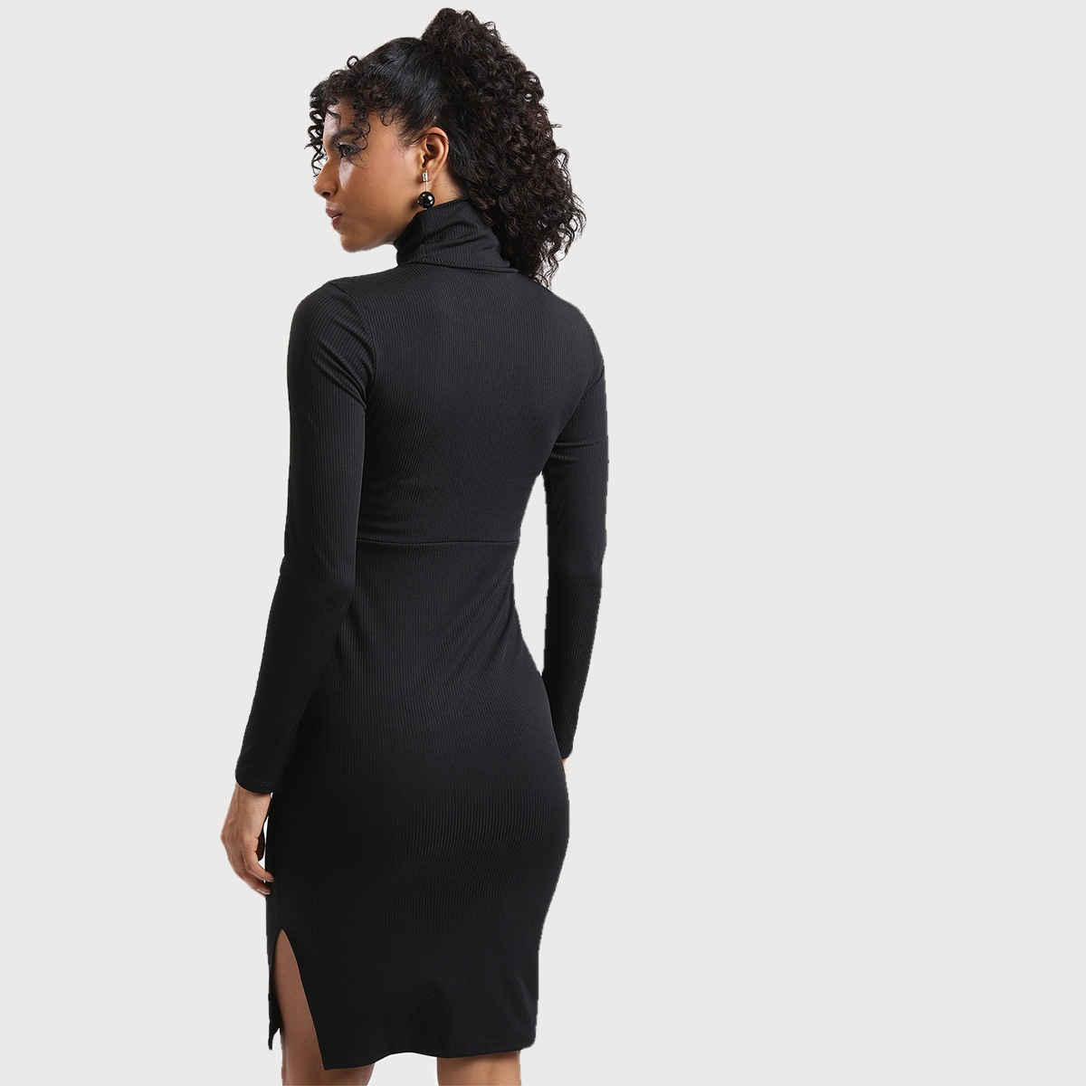 Ketch Women's High Neck Ribbed Bodycon Dress | Black - S