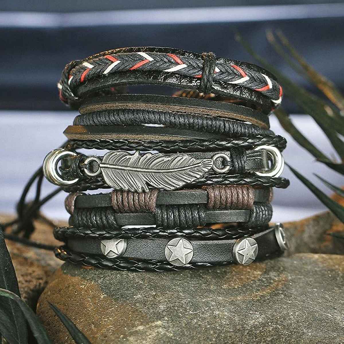 Jewels Galaxy Multi Stranded Bracelet For Men (Black) (1 Pack 5 Bracelets)