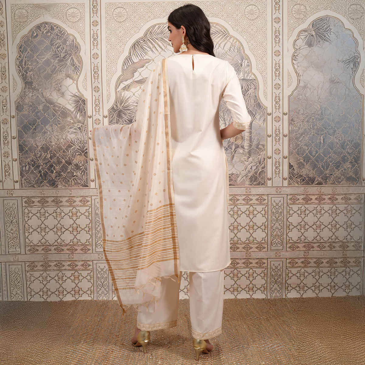 Vishudh Women's Foil Print Straight Kurta with Cropped Palazzo with Dupatta | PVK3000037 | Cream -S
