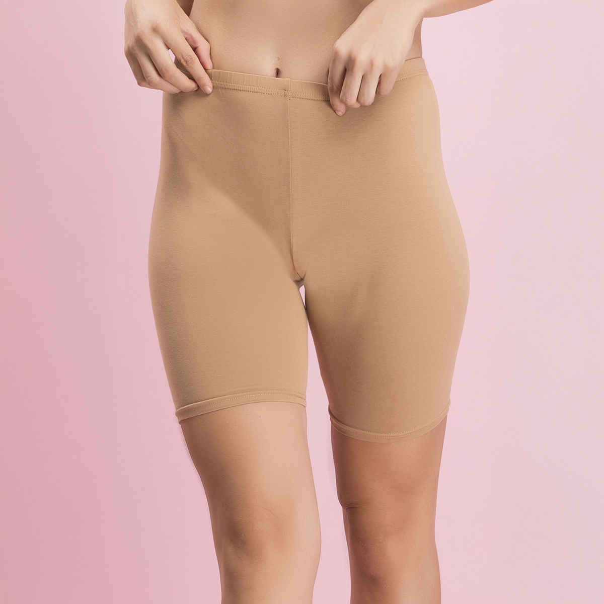 Clovia Cotton Mid Waist Cycling Shorts With Inner Elastic | Nude | M