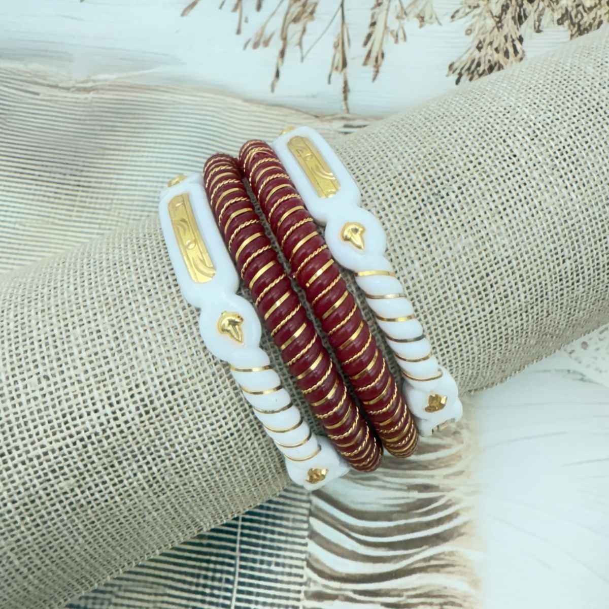 The Opal Factory | Sakha Pola | Gold Line Plastic Bangle | White and Red - 2.4