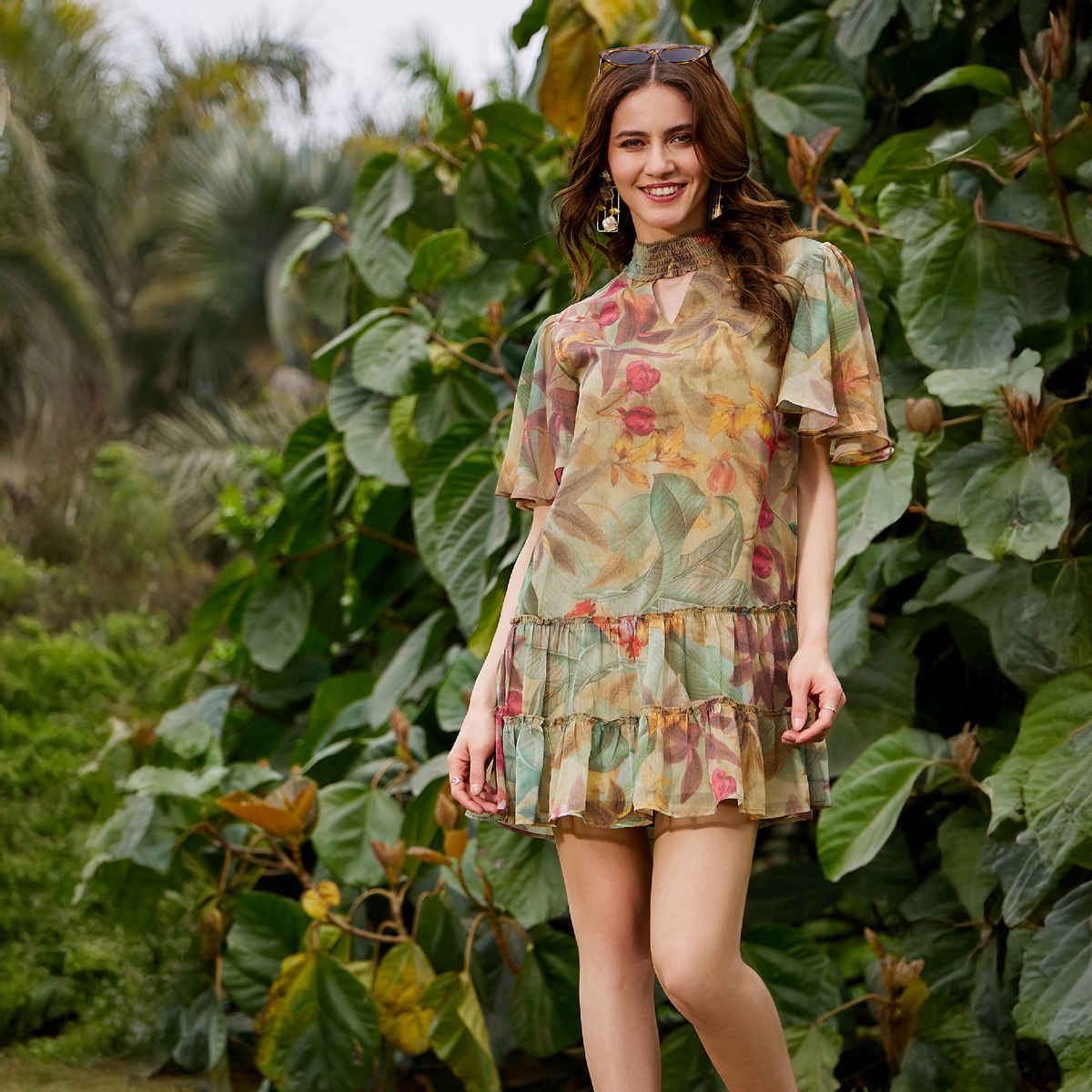 SASSAFRAS Women's Jungle Print Tiered Short Dress | Green - S