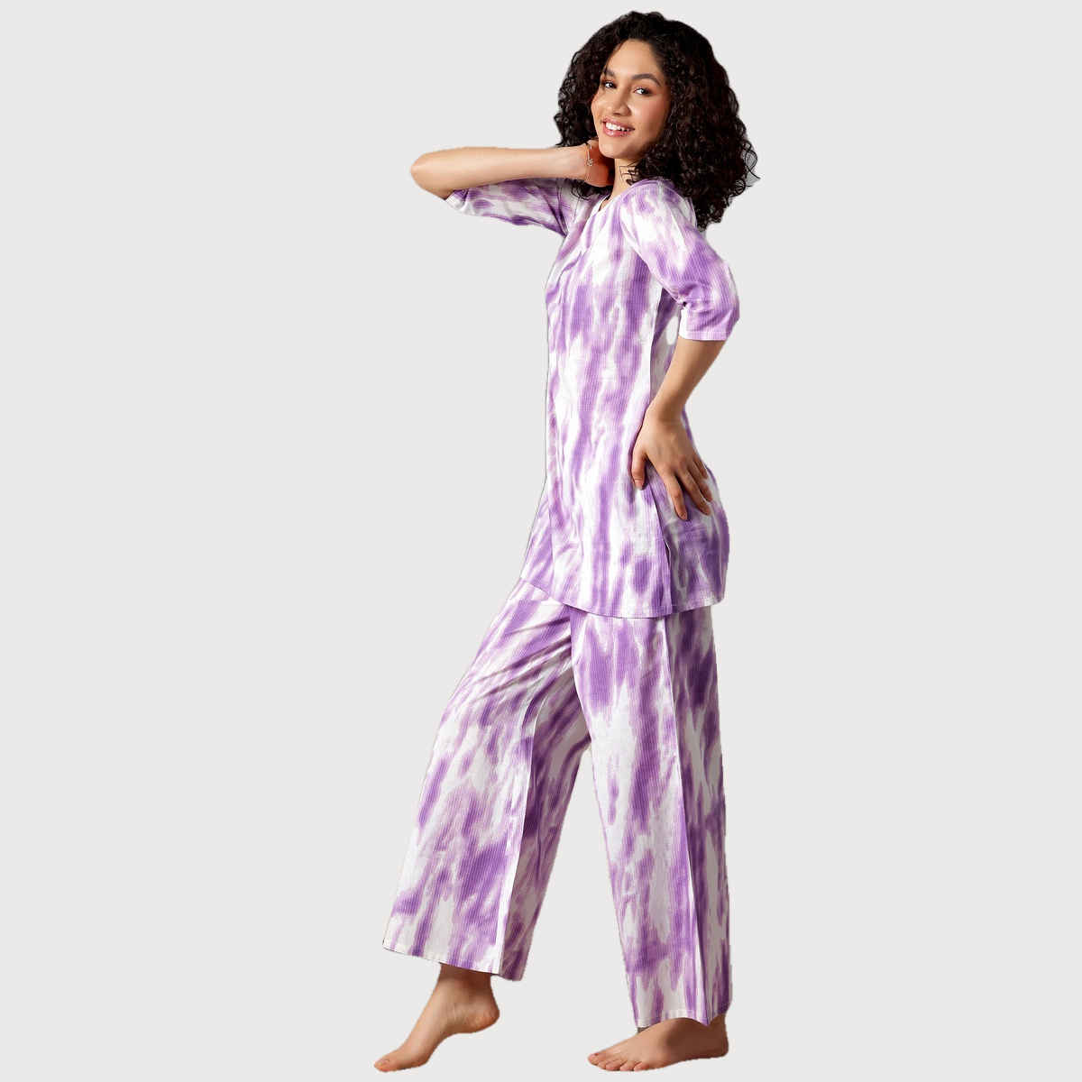 Libas Abstract Printed Women's Kurti With Printed Pyjamas | Purple White | L