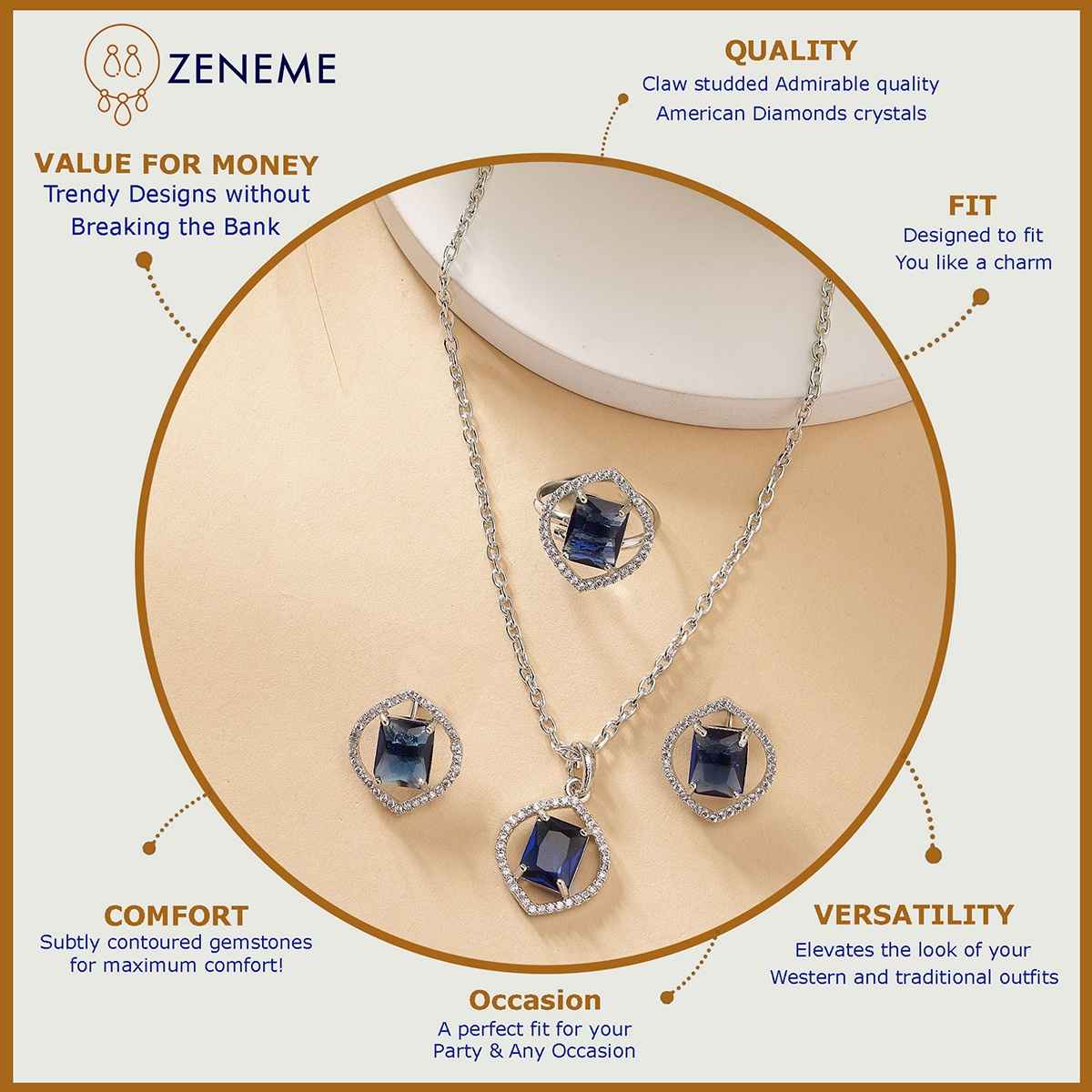 Zeneme Silver Plated AD Studded Marquise Halo Necklace and Earrings With Ring For Women & Girls