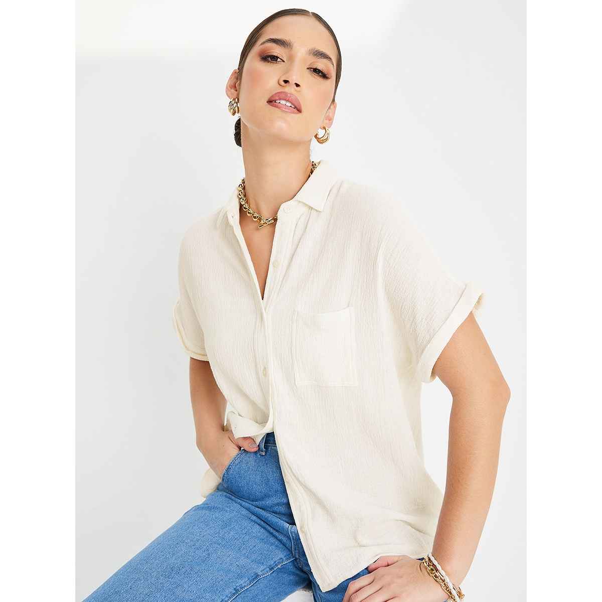 Styli Women's Regular Fit Shirt with Extended Shoulder | Off White - XXL
