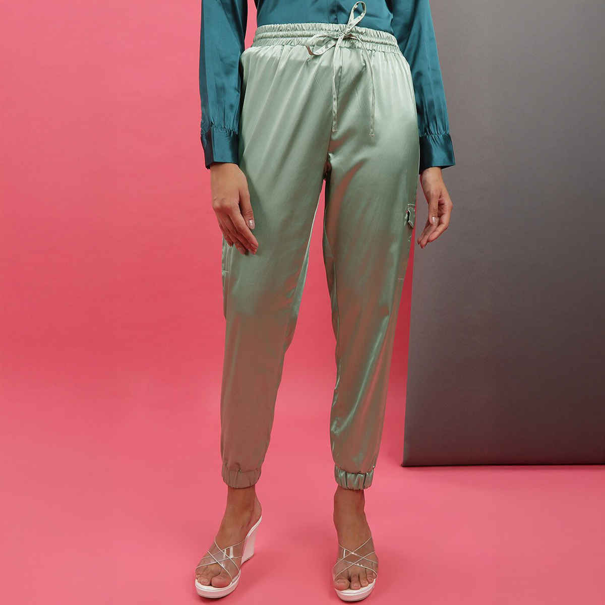 Freehand Women's Casual Cargo Joggers - Sage Green | Solid | Regular Fit | 30