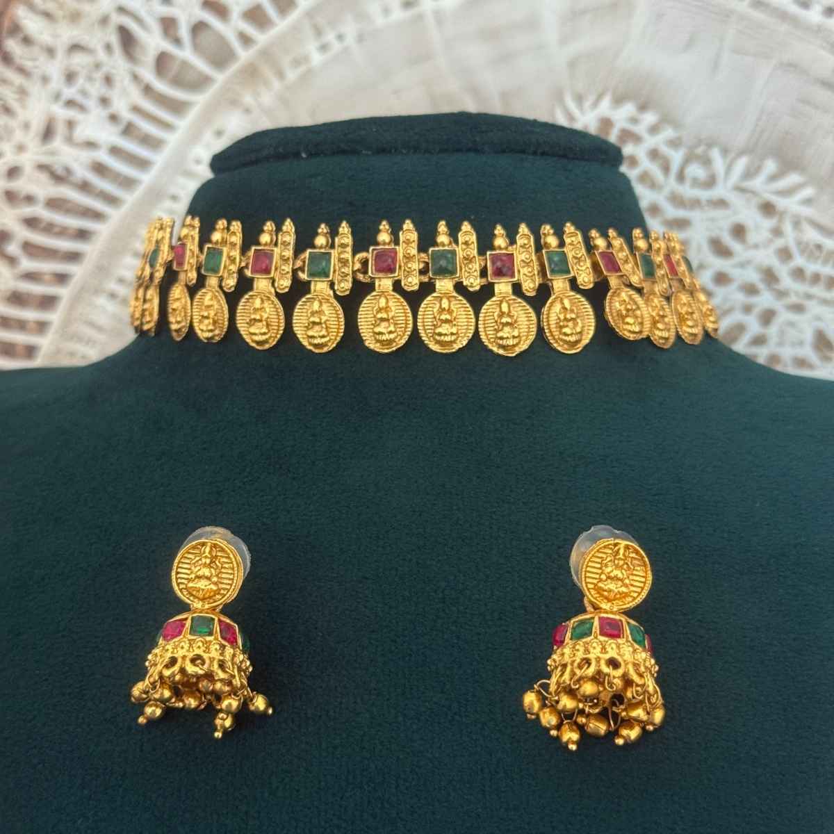 The Opal Factory Choker Necklace Set Laxmi Coin Motifs | Red and Green Stone Work & Jhumki Earrings