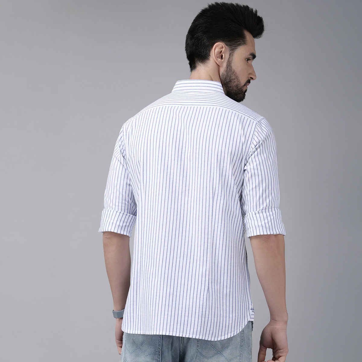 The Bear House Men's Striped Button-Down Casual Shirt | White - XL