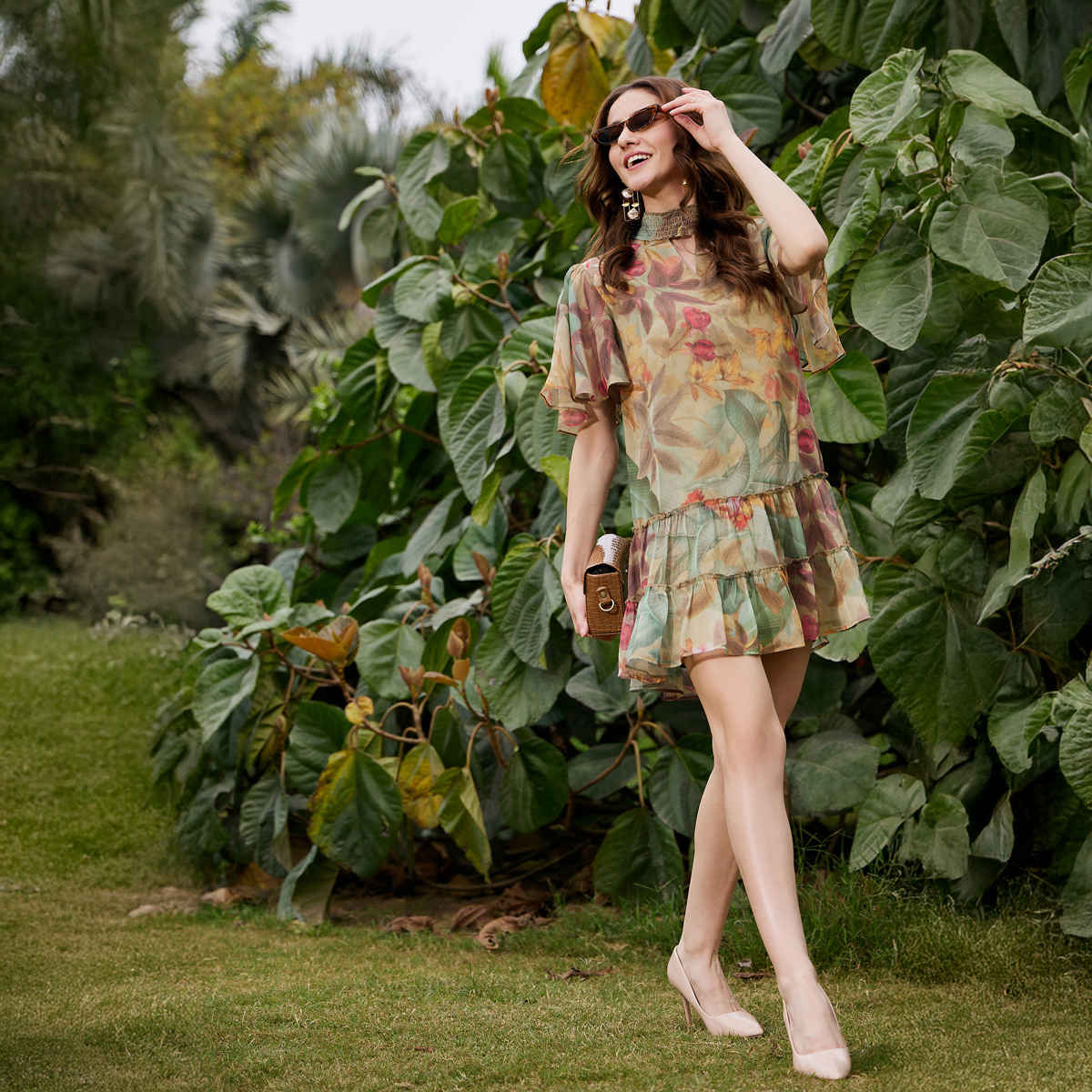 SASSAFRAS Women's Jungle Print Tiered Short Dress | Green - S