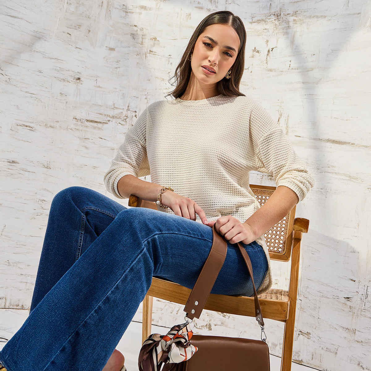 Styli Women's Oversized T-shirt with Solid Textured Fabric and Curved Hem | Beige - XS