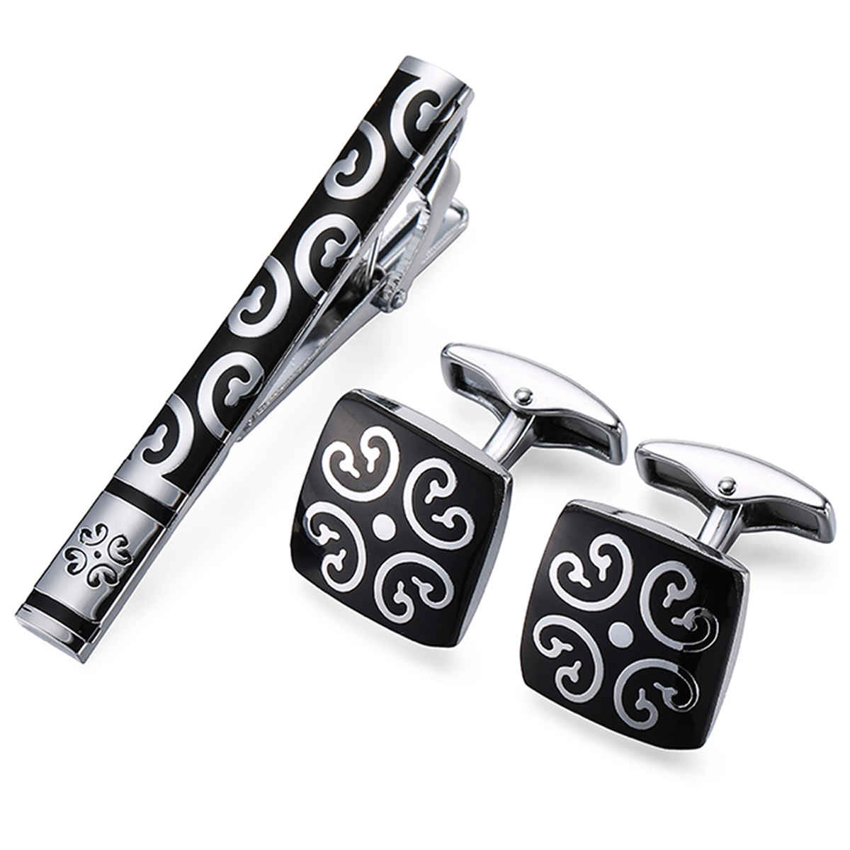 Peora Black Silver Decorative Combo Tie Pin and Cufflinks Set for Men Boys Wedding Business Gift