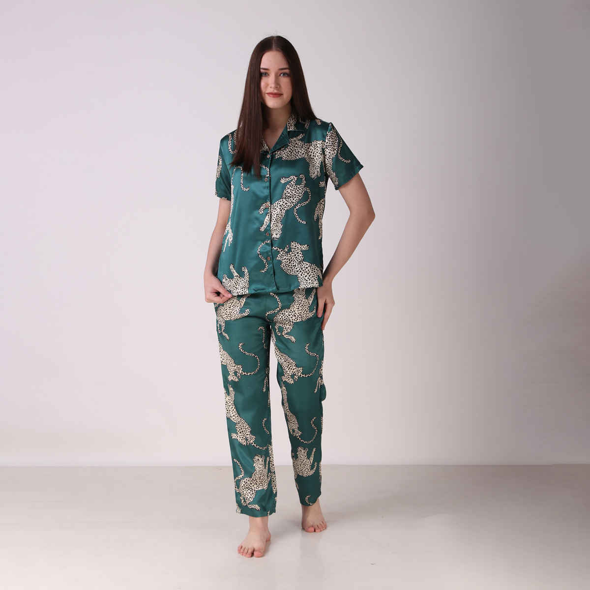 Masha Women's Cheetah Green Satin Pajamas | Set | M