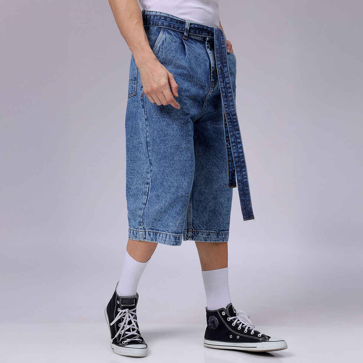 The Indian Garage Co Men's Loose Solid Street Capri Jeans | Blue - 30