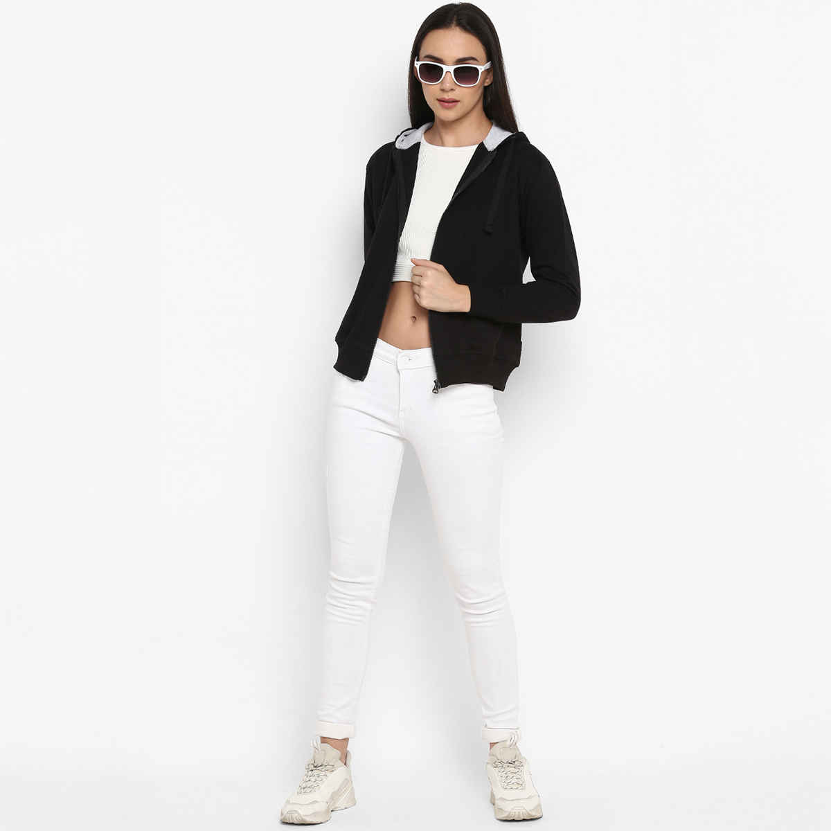 Alan Jones Clothing Women's Solid Zipper Hooded Sweatshirt | Black - L