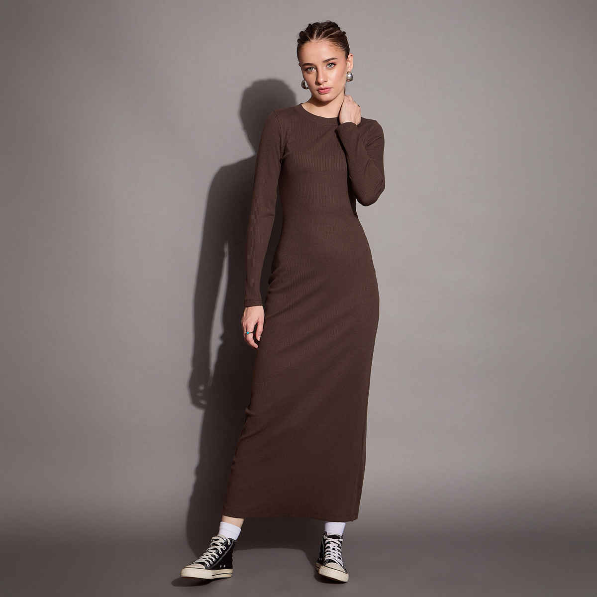 SASSAFRAS BASICS Women's Ribbed Bodycon Maxi Dress | Brown - L