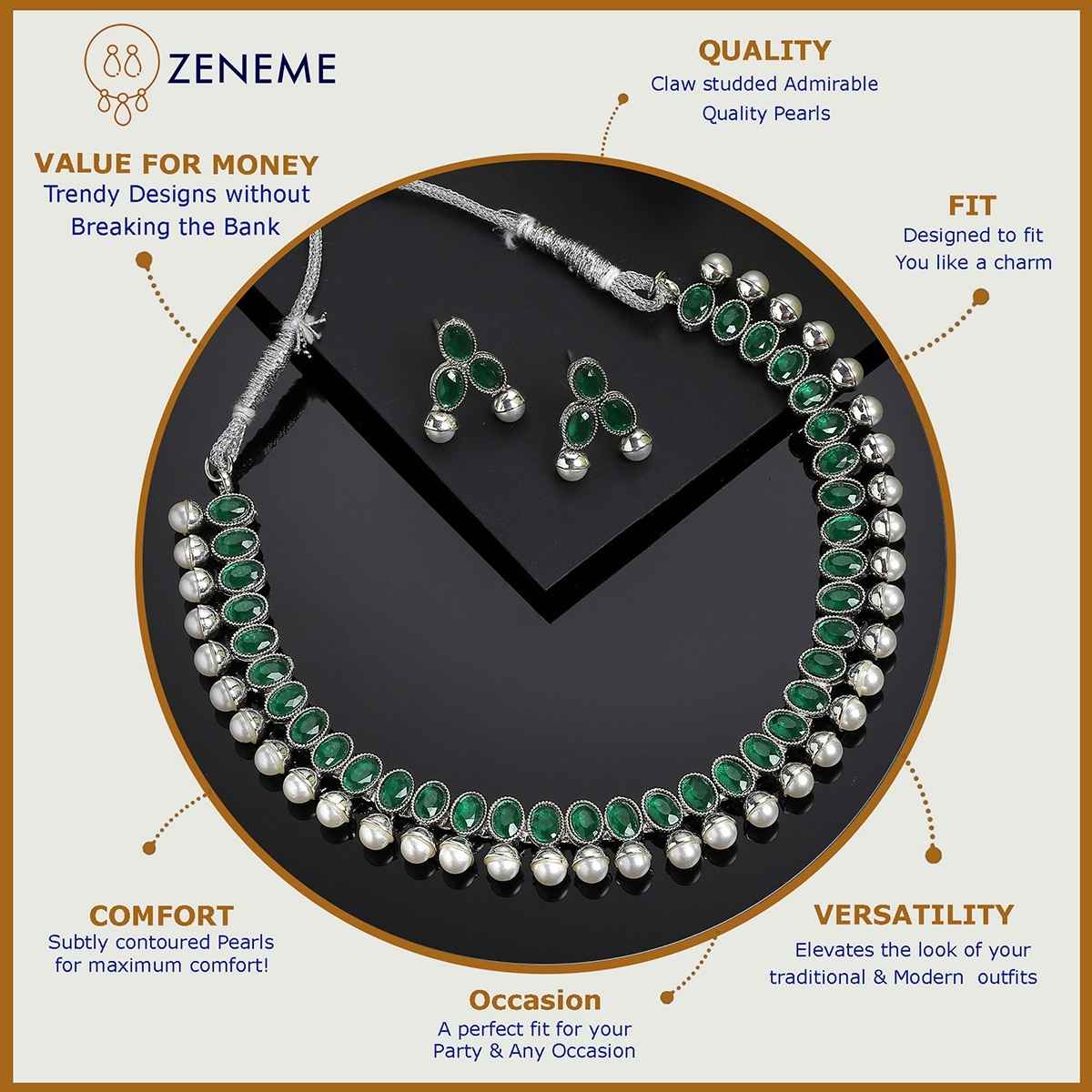 Zeneme Oxidised Silver Traditional Green CZ Necklace With Earrings Jewellery For Women & Girls