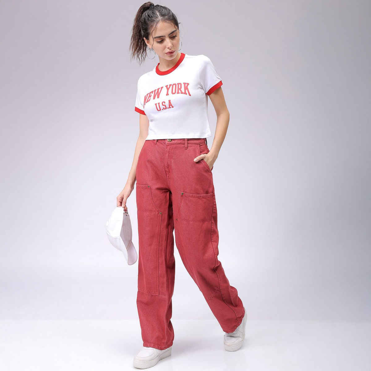 Freehand Women's Casual Slim Typographic Cropped T-shirt | 0424-Zfhcrtee1-05 | White - XS
