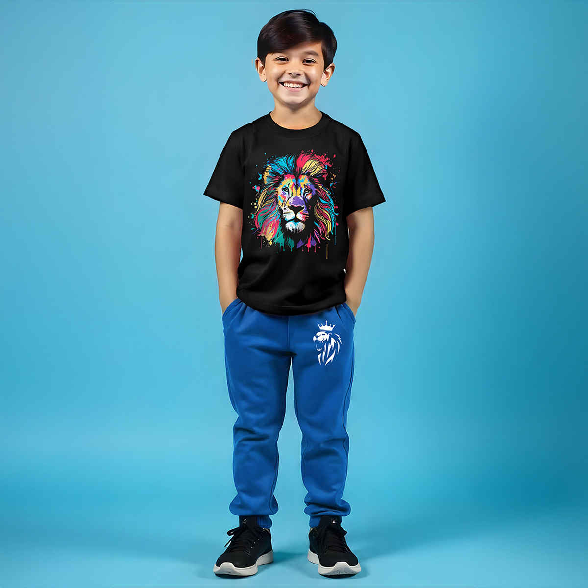 Trampoline Boy's Lion Printed T-shirt & Track Pants Set | Black & Blue | 2-3 Yrs