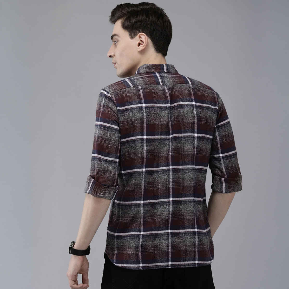 The Bear House Men Slim Fit Checked Shirt - Albion | Grey and Maroon | XL