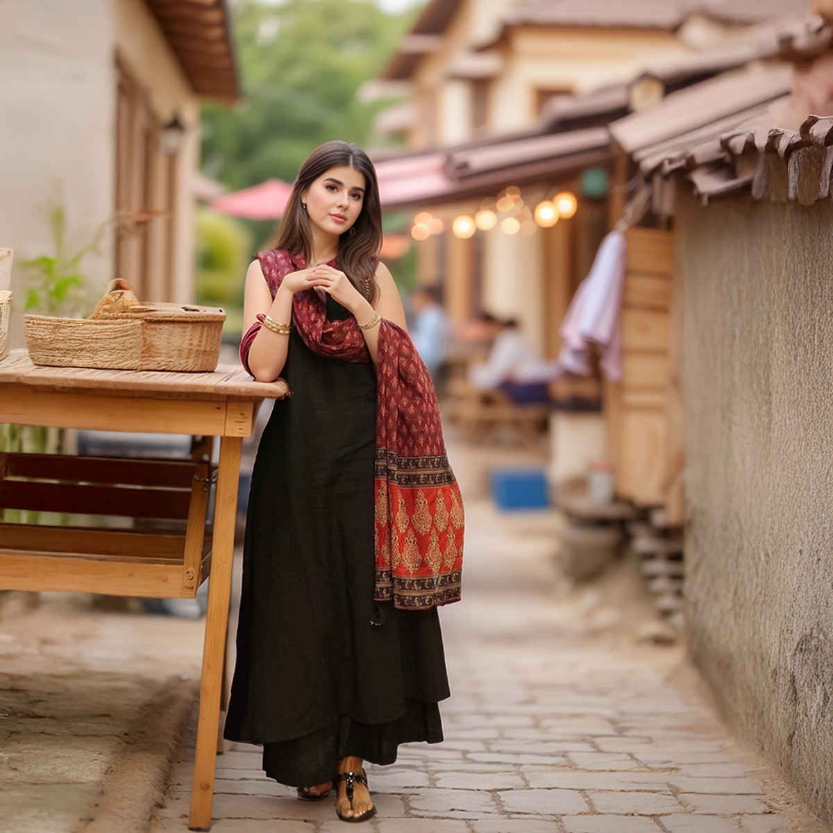 GoSriKi Women's Viscose Rayon Anarkali Solid Kurta with Pant & Dupatta | UMIKA | Black - M