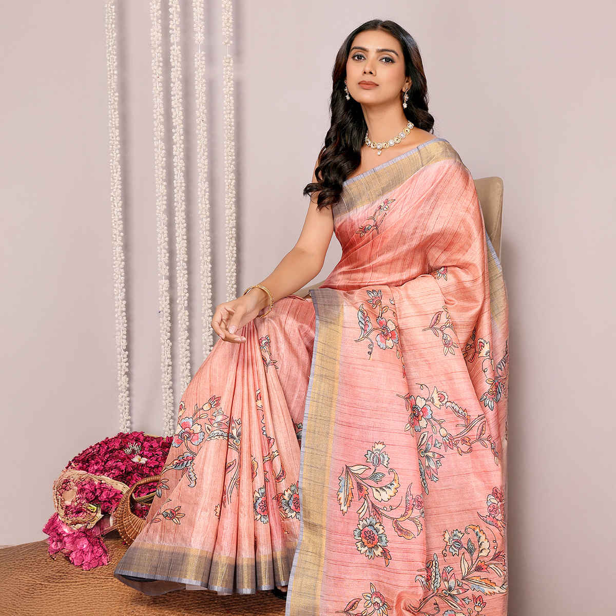 Janasya Women's Chanderi Silk Floral Printed Saree with Blouse Piece | SAR509 | Peach