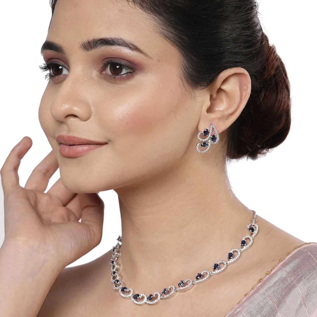 Zeneme Rhodium-Plated Silver-Toned Blue American Diamond Necklace Set & Earrings For Women & Girls