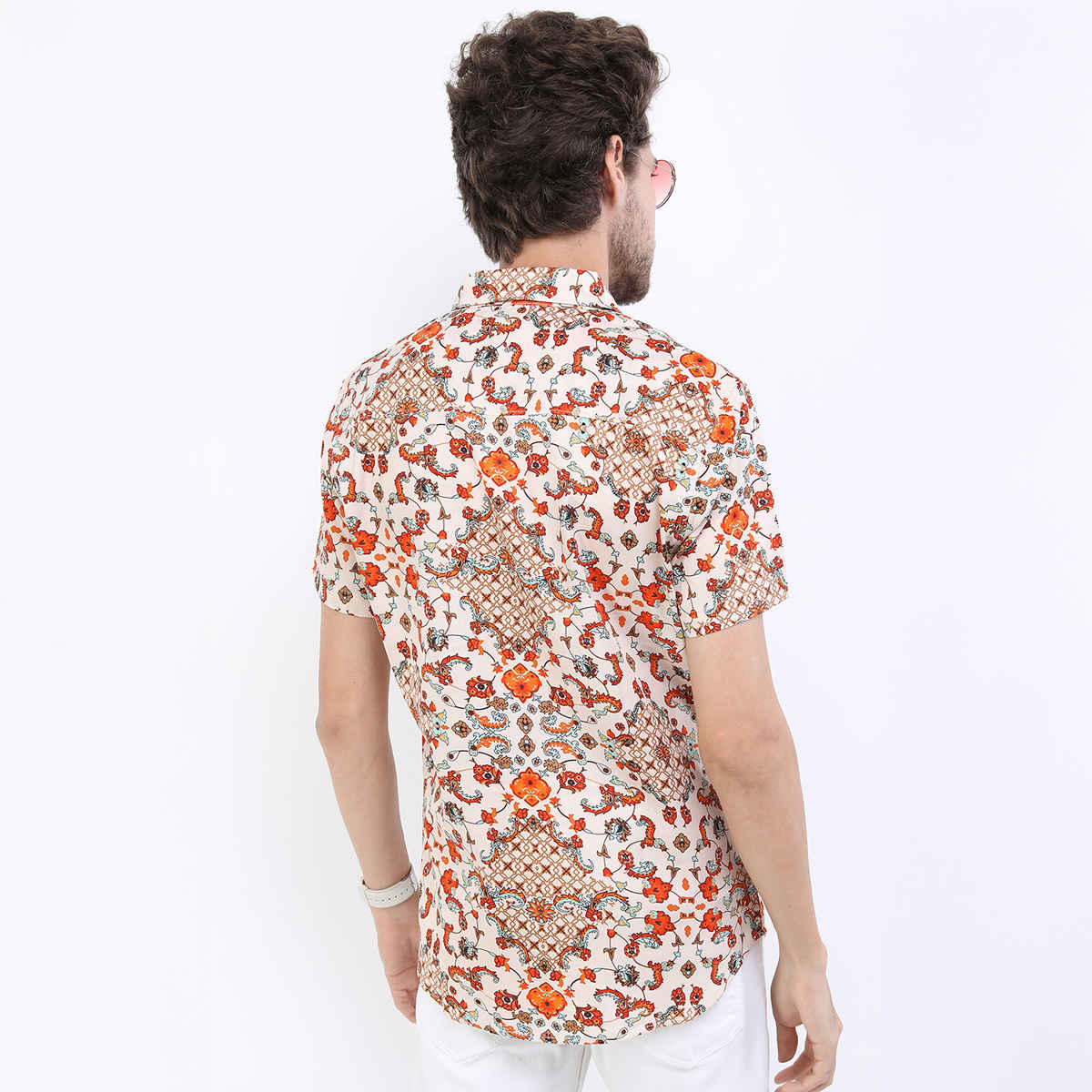 Highlander Men's Slim Fit Graphic Shirts | Beige & Rust - M