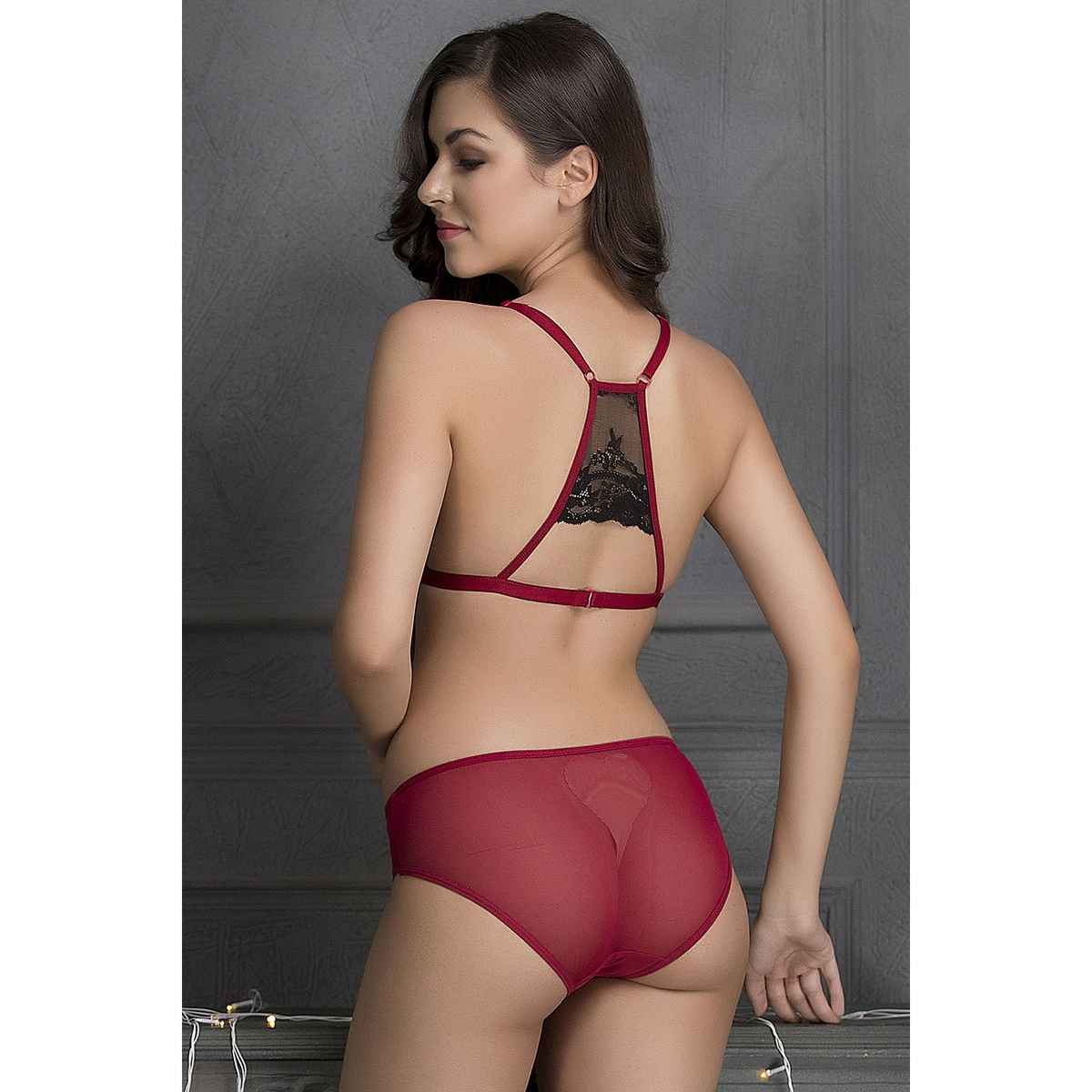 Clovia Non-Padded Non-Wired Demi Cup Plunge Bra & Low Waist Bikini Panty | BP1477P04 - Red - 32C