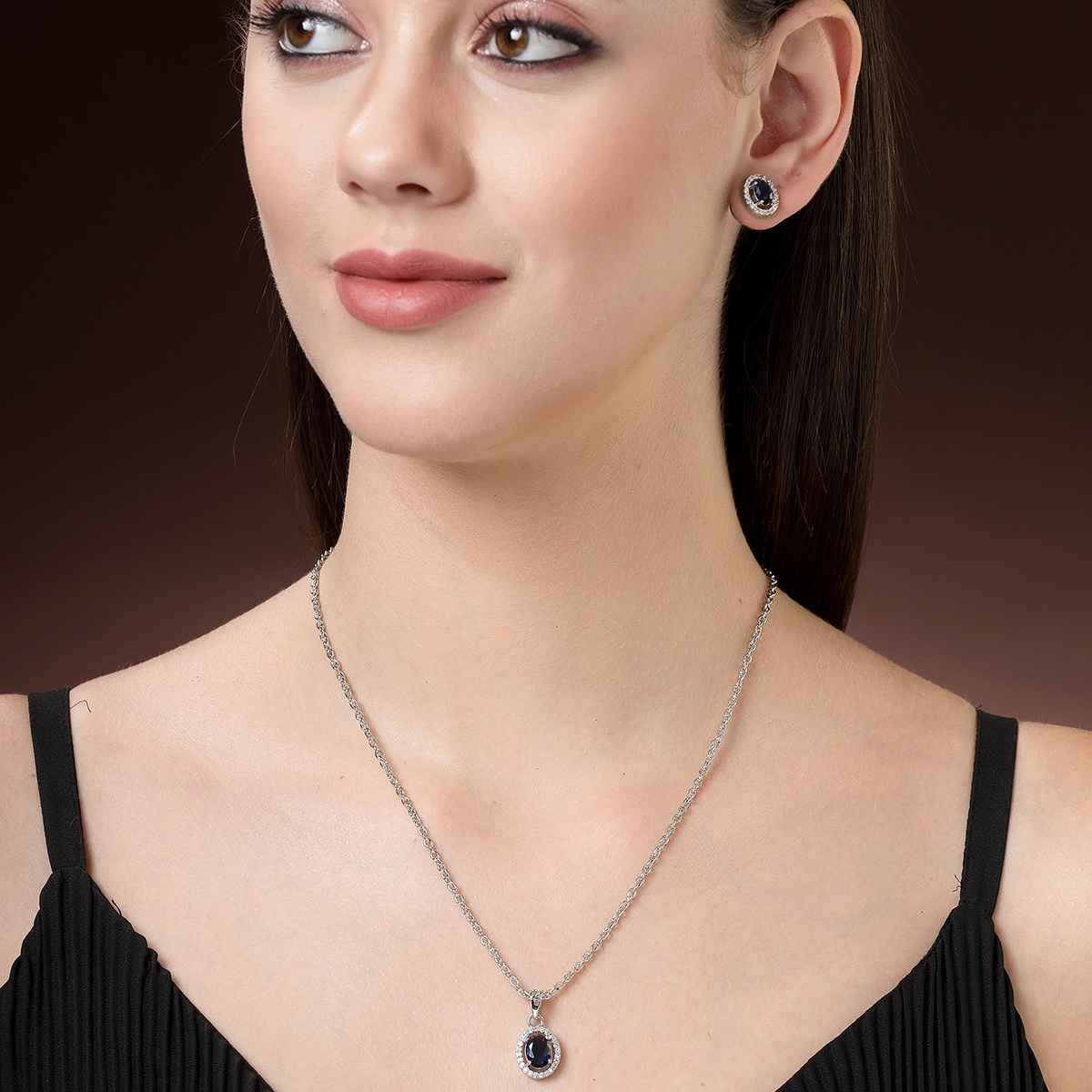 Zeneme Rhodium Plated American Diamond Studded Necklace and Earrings For Women & Girls