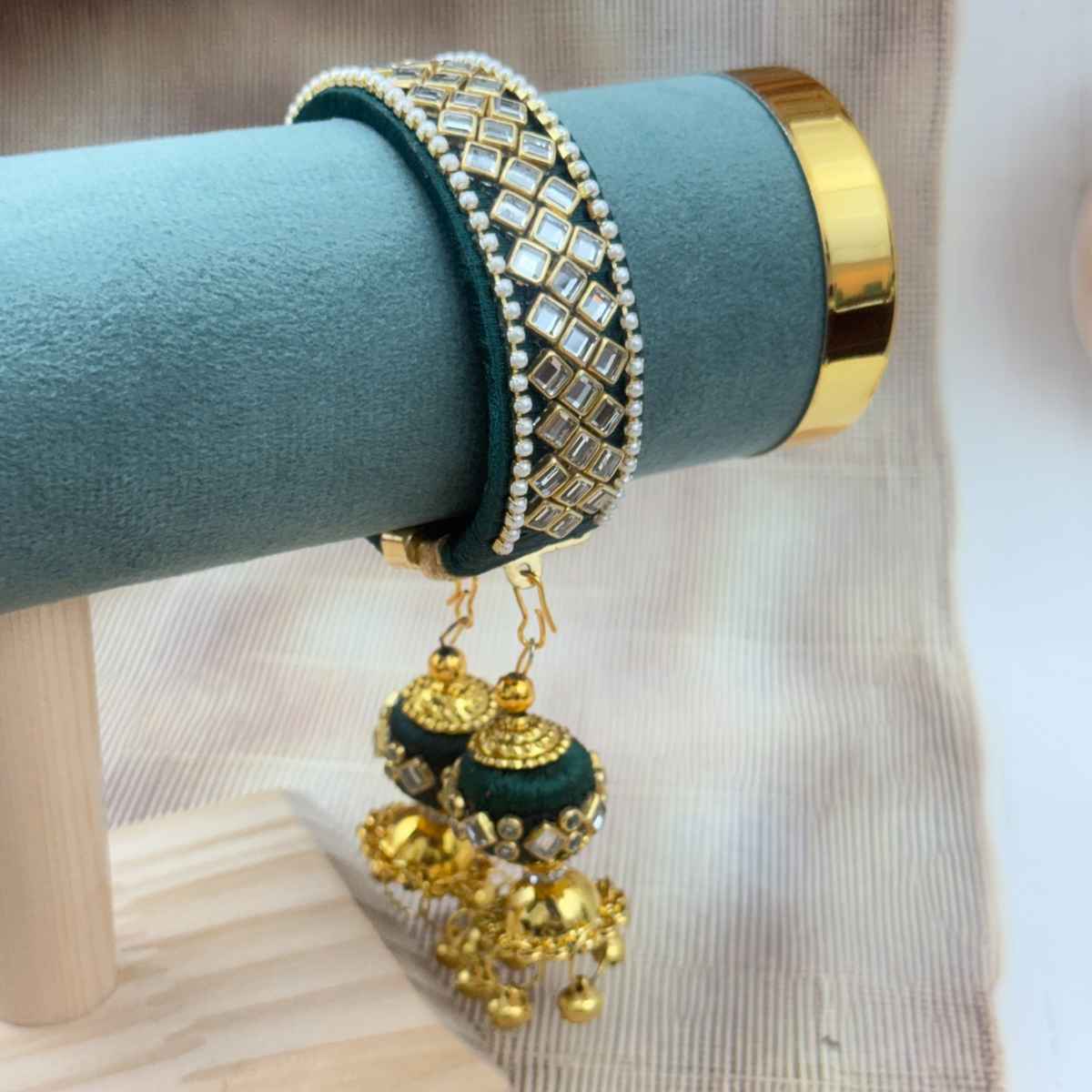 The Opal Factory Kundan Silk Thread Flexible Size Bangle | Jhumki Latkan | Green - Flexible