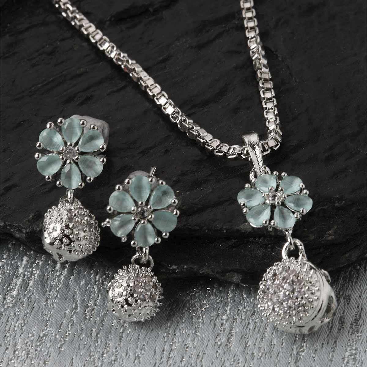 Zeneme Rhodium-Plated Sea Green CZ-AD Floral Cute Pendant Earrings Jewellery Set For Women & Girl
