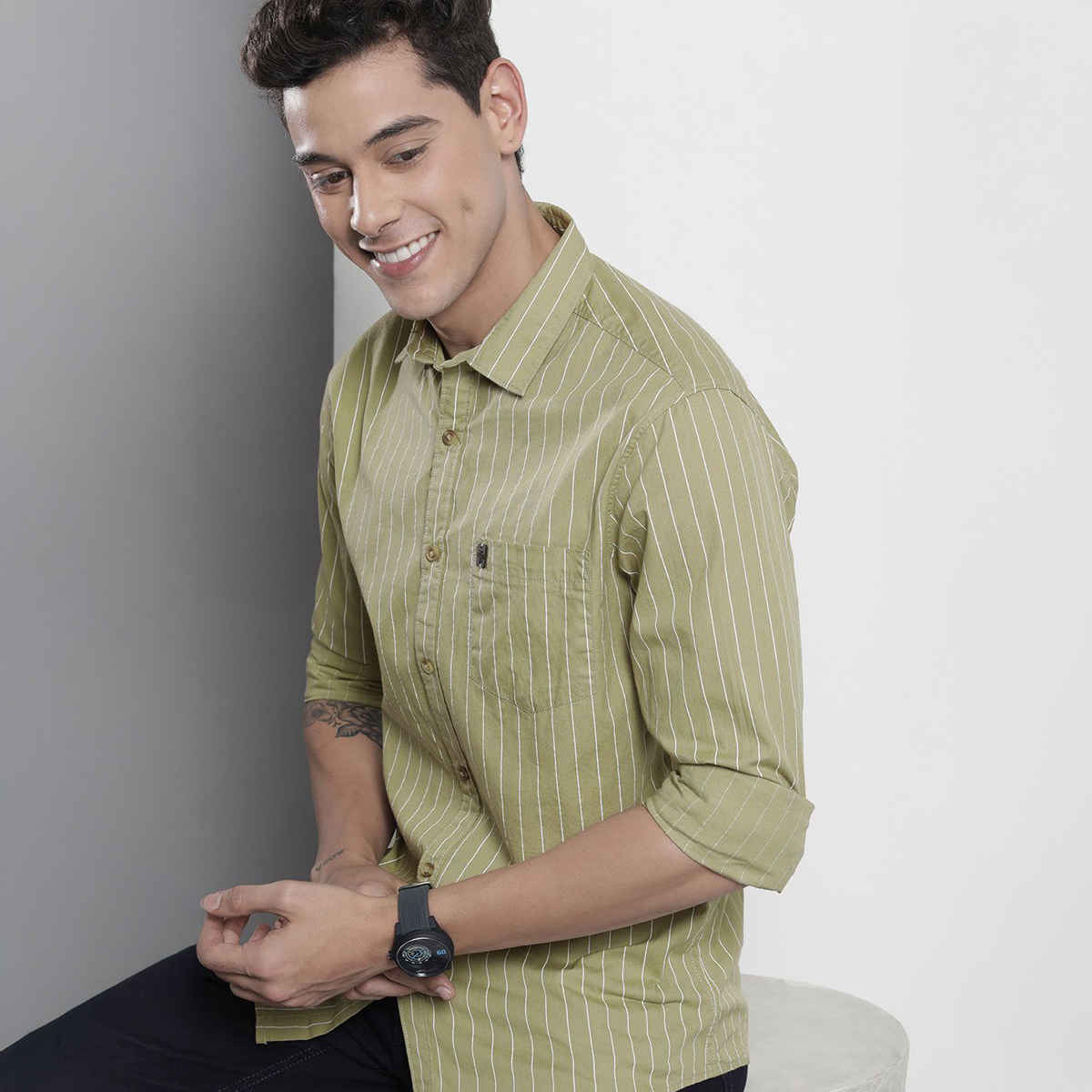 The Indian Garage Co Men's Regular Fit Striped Casual Shirt | Green - L