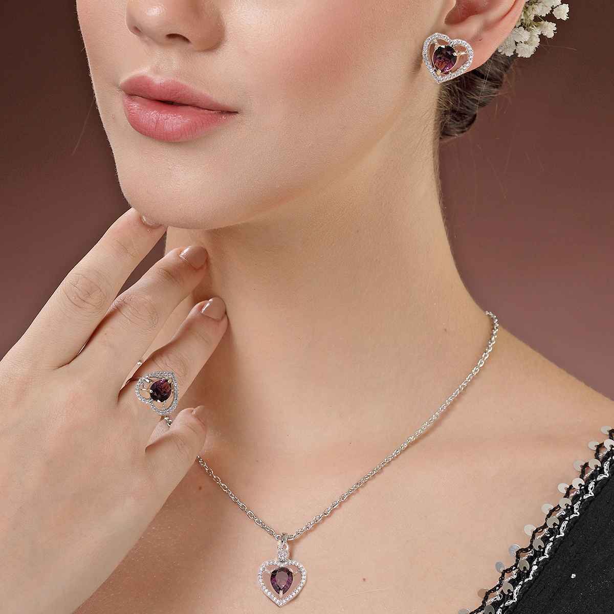 Zeneme Silver-Plated AD Studded Crystal Purple Heart Necklace Earrings Ring For Women & Girls