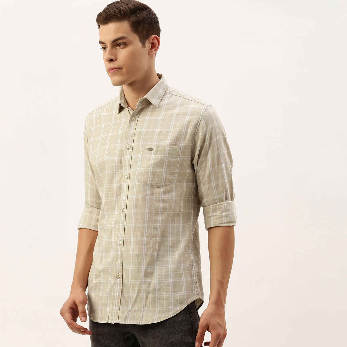 The Indian Garage Co Men's Slim Fit Checkered Casual Shirt | Beige - M